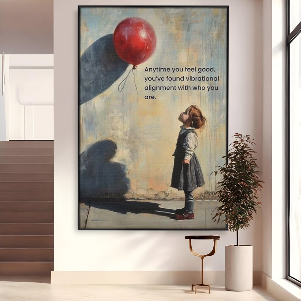 Tablou canvas cu tablou canvas cu fetita si balon rosu, in rama de aluminiu negru